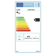EU Energieeffizienzlabel für Clage Durchlauferhitzer DLX24 Next mit Energieeffizienzklasse A und 15 Dezibel Schallleistungspegel.