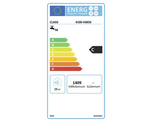 Energieeffizienzlabel für Durchlauferhitzer Clage 4100-43850 mit Effizienzklasse C und 15 Dezibel Schallleistungspegel.