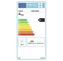 Energieeffizienzlabel für Clage Durchlauferhitzer Modell 4100-42055 mit Energieeffizienzklasse A und 15 Dezibel Schallleistungspegel.