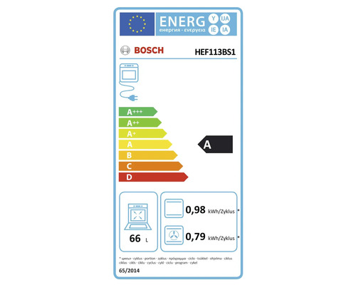 EU Energieeffizienzlabel für Bosch Backofen HEF113BS1 mit Energieeffizienzklasse A und 66 Liter Nutzinhalt.