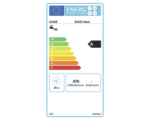 Energieeffizienzlabel fuer Clage Durchlauferhitzer DLX21 Next mit Energieeffizienzklasse A und 15 Dezibel Schallleistungspegel