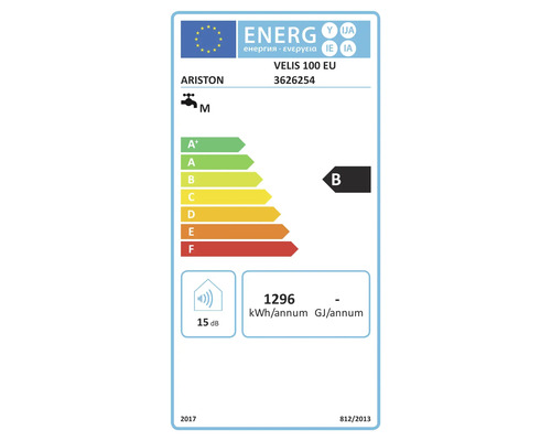EU Energieeffizienzlabel für Ariston Velis 100 EU Warmwasserbereiter, Energieeffizienzklasse B, jährlicher Stromverbrauch 1296 Kilowattstunden.