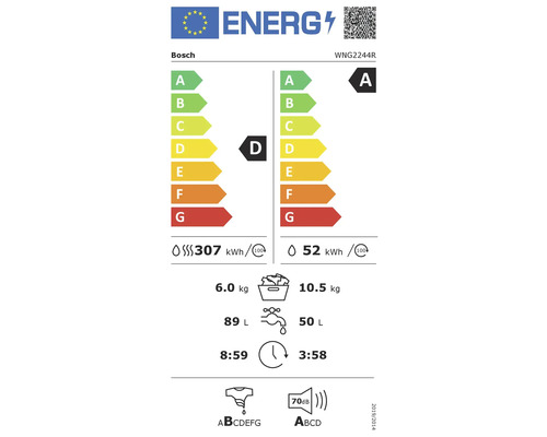 EU Energieeffizienzlabel für Waschtrockner Bosch WNG2244R mit Energieeffizienzklassen A und D.