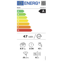 EU Energieeffizienzlabel für Bosch Waschmaschine WAN28272, Energieeffizienzklasse A, Verbrauchswerte für 8 Kilogramm Fassungsvermögen.