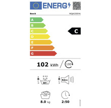 EU Energieeffizienzlabel für Bosch WQA233C41 Trockner mit Energieeffizienzklasse C und 102 Kilowattstunden Verbrauch pro 100 Betriebszyklen.