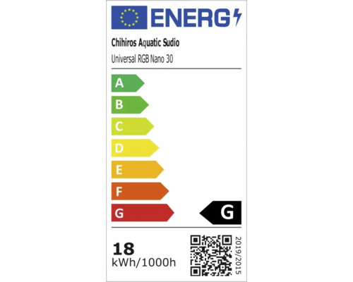 EU Energieeffizienzlabel fuer Chihiros Aquatic Studio Universal RGB Nano 30 Leuchte mit Klasse G und 18 kWh pro 1000 Stunden Verbrauch.