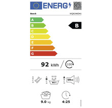 Bosch WQN246D41 EU Energieeffizienzlabel Klasse B, Energieverbrauch 92 Kilowattstunden pro 100 Zyklen, 9 Kilogramm Kapazität, 59 Dezibel.