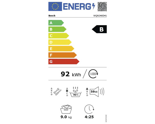 Bosch WQN246D41 EU Energieeffizienzlabel Klasse B, Energieverbrauch 92 Kilowattstunden pro 100 Zyklen, 9 Kilogramm Kapazität, 59 Dezibel.