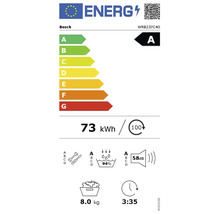 EU Energieeffizienzlabel für Bosch Waschmaschine WRB237C40, Energieeffizienzklasse A, Stromverbrauch 73 Kilowattstunden pro 100 Betriebszyklen.