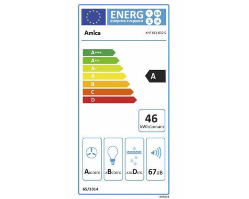 Amica KHF 664 630 S EU Energielabel Klasse A, Energieverbrauch 46 kWh pro Jahr und Lautstärke 67 Dezibel.