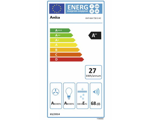 Energieeffizienzlabel Amica Dunstabzugshaube KHF 664 730 S HC mit Effizienzklasse A plus plus und Energieverbrauch von 27 Kilowattstunden pro Jahr