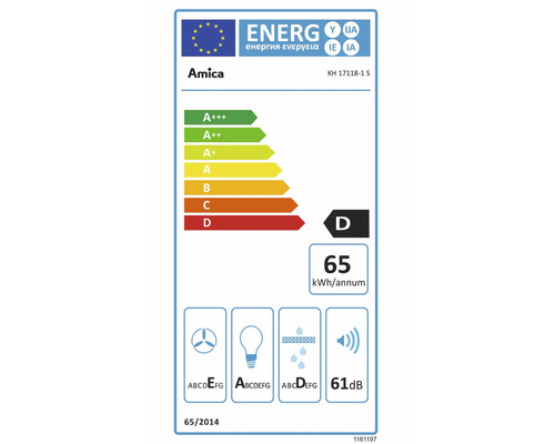 EU Energieeffizienzlabel fuer Amica Dunstabzugshaube KH 17118-1 S mit Energieeffizienzklasse D und 65 Kilowattstunden pro Jahr