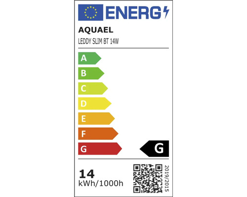 EU Energieeffizienzlabel für Aquael Leddy Slim BT 14 Watt Leuchte mit Effizienzklasse G und Stromverbrauch von 14 Kilowattstunden pro 1000 Stunden.