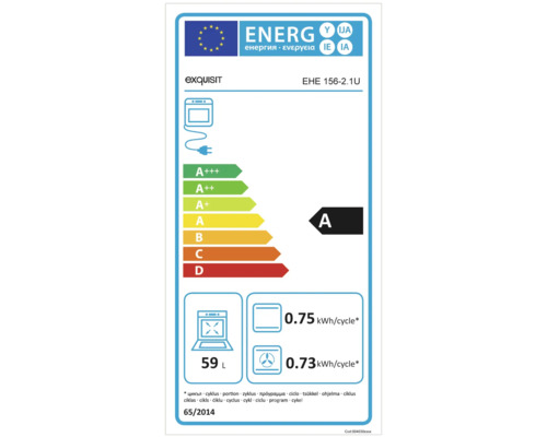 Exquisit Energielabel für Backofen mit Energieeffizienzklasse A und einem Nutzvolumen von 59 Litern