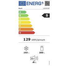Bosch Energielabel KGN39VIBT mit Energieeffizienzklasse B, jährlichem Energieverbrauch von 129 Kilowattstunden, Gefrierfachvolumen von 103 Litern, Kühlfachvolumen von 260 Litern und Geräuschemission von 33 Dezibel
