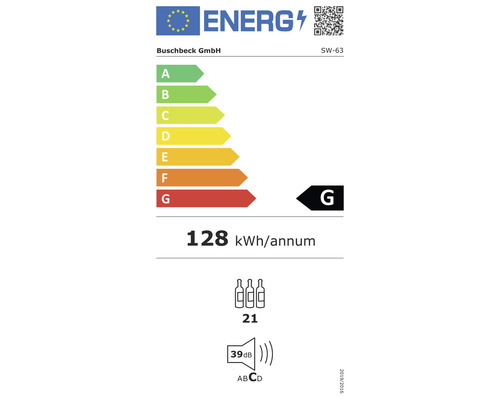 Energielabel mit Energieeffizienzklasse G, einem jährlichen Energieverbrauch von 128 Kilowattstunden, einer Lagerkapazität von 21 Flaschen und einem Geräuschpegel von 39 Dezibel