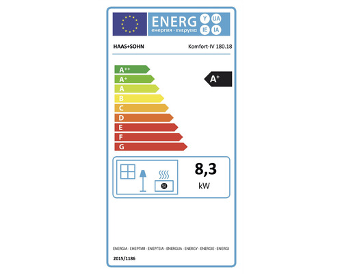 Energielabel für Haas und Sohn Kaminofen Komfort-IV 180.18 mit der Energieeffizienzklasse A+ und 8,3 Kilowatt Leistung