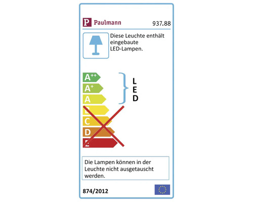 Paulmann Logo. Energieeffizienzlabel mit dem Hinweis, dass diese Leuchte eingebaute LED Lampen enthält und die Lampen in der Leuchte nicht ausgetauscht werden können.