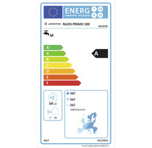 Energielabel für Ariston Nuos Primo 100 Warmwasserspeicher mit Energieeffizienzklasse A, Geräuschpegel 54 Dezibel und Stromverbrauch 567 Kilowattstunden pro Jahr.