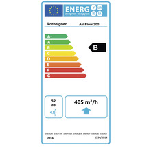 Energielabel für Rotheigner Air Flow 200 mit Energieeffizienzklasse B, 52 Dezibel und 405 Kubikmeter pro Stunde