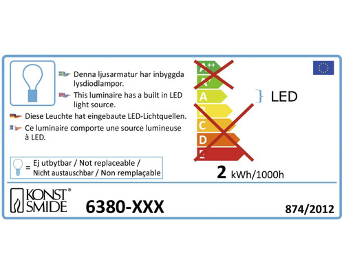 Energielabel mit Informationen zu eingebauten LED-Lichtquellen und nicht austauschbarer Lampe, Marke Konstsmide