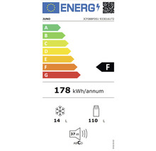 Energielabel Juno mit Energieeffizienzklasse F, jährlichem Energieverbrauch von 178 Kilowattstunden, Gefrierfach 14 Liter, Kühlfach 110 Liter und Geräuschemission 37 Dezibel