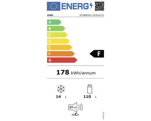 Energielabel Juno mit Energieeffizienzklasse F, jährlichem Energieverbrauch von 178 Kilowattstunden, Gefrierfach 14 Liter, Kühlfach 110 Liter und Geräuschemission 37 Dezibel
