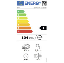 Juno Energieetikett mit der Energieeffizienzklasse F, einem Energieverbrauch von 104 Kilowattstunden pro 100 Zyklen, einer Nennkapazität von 13 Maßgedecken, einem Wasserverbrauch von 9,9 Litern pro Spülgang und einem Geräuschpegel von 49 Dezibel.