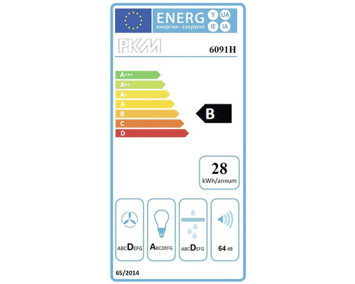 Energielabel PKM 6091H mit Energieeffizienzklasse B, jährlichem Energieverbrauch von 28 Kilowattstunden und Geräuschemission von 64 Dezibel