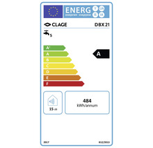 Energielabel Clage DBX 21: Energieeffizienzklasse A, jährlicher Energieverbrauch 484 Kilowattstunden, Geräuschpegel 15 Dezibel