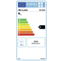 Energielabel für Clage SX100 mit Energieeffizienzklasse C, einem jährlichen Stromverbrauch von 2712 Kilowattstunden und einem Geräuschpegel von 15 Dezibel.