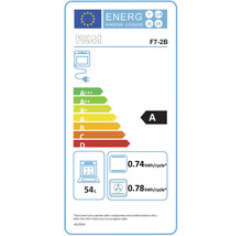 Energielabel für PKM F7-2B Backofen mit Energieeffizienzklasse A, 54 Liter Volumen und einem Energieverbrauch von 0,74 kWh pro Zyklus im konventionellen Betrieb und 0,78 kWh pro Zyklus im Umluftbetrieb.