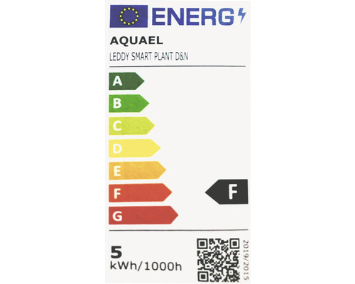Energielabel für Aquael Leddy Smart Plant D&N mit Energieeffizienzklasse F und einem Verbrauch von 5 kWh pro 1000 Stunden