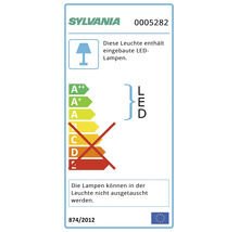 Sylvania Logo. Energielabel der Europäischen Union für Leuchte 0005282 mit eingebauten LED-Lampen der Klassen A++ bis A, Lampen nicht austauschbar.