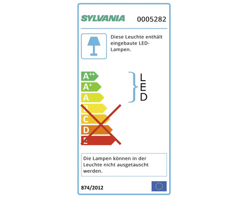 Sylvania Logo. Energielabel der Europäischen Union für Leuchte 0005282 mit eingebauten LED-Lampen der Klassen A++ bis A, Lampen nicht austauschbar.