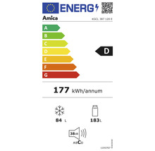 Amica Energielabel mit der Energieeffizienzklasse D, einem jährlichen Energieverbrauch von 177 Kilowattstunden, einem Gefrierfachvolumen von 84 Litern, einem Kühlfachvolumen von 183 Litern und einem Geräuschpegel von 38 Dezibel.