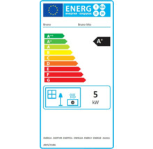 Energielabel für Kaminofen mit der Energieeffizienzklasse A+ und einer Nennwärmeleistung von 5 Kilowatt