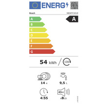 Bosch Energielabel mit Energieeffizienzklasse A, Energieverbrauch 54 Kilowattstunden pro 100 Spülgänge, 14 Maßgedecke, Wasserverbrauch 9,5 Liter, Geräuschpegel 43 Dezibel und Programmdauer 4 Stunden 55 Minuten