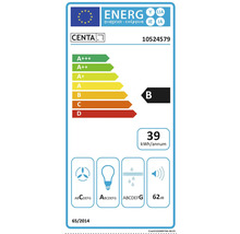 Energielabel mit der Energieeffizienzklasse B, einem jährlichen Energieverbrauch von 39 Kilowattstunden und einem Geräuschpegel von 62 Dezibel