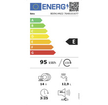Beko Energielabel BDIN14N22, Energieeffizienzklasse E, Stromverbrauch 95 Kilowattstunden pro 100 Zyklen, 14 Maßgedecke, Wasserverbrauch 12,9 Liter, Programmdauer 3 Stunden 25 Minuten, Geräuschpegel 49 Dezibel