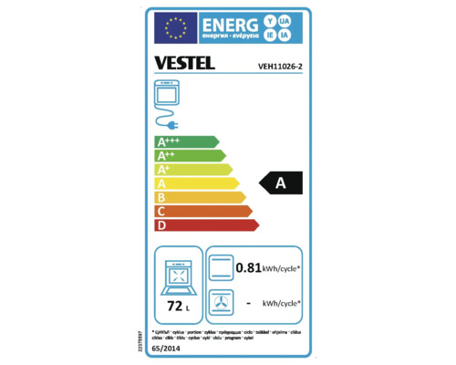 Energielabel mit Informationen zu Vestel Backofen VEH11026-2, Energieeffizienzklasse A, 72 Liter Volumen und 0,81 Kilowattstunden pro Zyklus