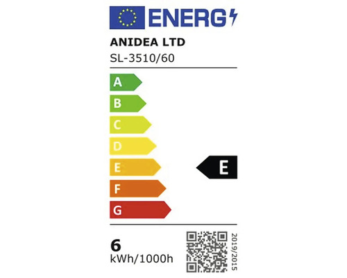 Energielabel E für ANIDEA LTD SL-3510/60 mit einem Verbrauch von 6 kWh/1000h.