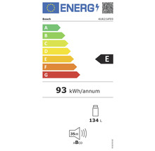 Bosch Energielabel mit der Energieeffizienzklasse E, einem jährlichen Energieverbrauch von 93 Kilowattstunden, einem Volumen von 134 Litern und einem Geräuschpegel von 35 Dezibel.