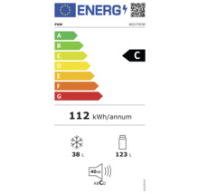 Energielabel mit Energieeffizienzklasse C, einem jährlichen Energieverbrauch von 112 Kilowattstunden, einem Gefriervolumen von 38 Litern, einem Kühlvolumen von 123 Litern und einer Geräuschemission von 40 Dezibel