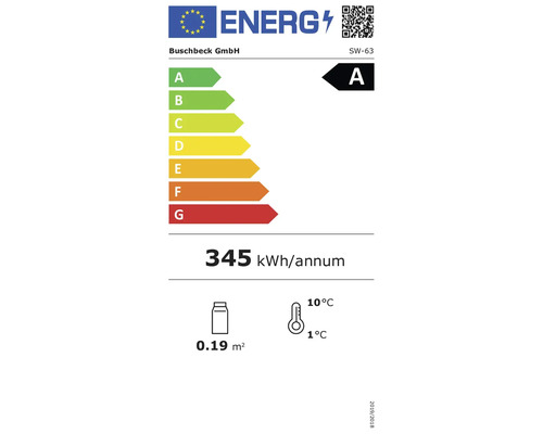Energielabel mit der Energieeffizienzklasse A, einem jährlichen Energieverbrauch von 345 Kilowattstunden pro Jahr, einer Fläche von 0,19 Quadratmetern und einer Temperaturspanne von 1 bis 10 Grad Celsius
