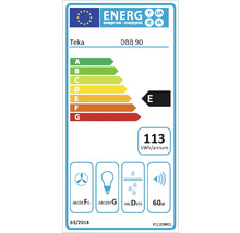 Teka Energieetikett DBB 90 mit der Energieeffizienzklasse E, einem jährlichen Energieverbrauch von 113 Kilowattstunden und einem Geräuschpegel von 60 Dezibel.