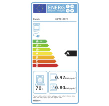Candy HCT615X/E Energieetikett mit Energieeffizienzklasse A, 70 Liter Volumen und Stromverbrauch.