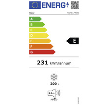 Haier Energielabel mit Energieeffizienzklasse E, Stromverbrauch 231 kWh pro Jahr, Gefriervolumen 200 Liter und Geräuschemission 41 Dezibel