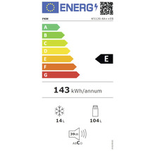 Energielabel für PKM KS120.4A++EB mit Energieeffizienzklasse E, einem jährlichen Energieverbrauch von 143 Kilowattstunden, einem Gefrierfachvolumen von 14 Litern und einem Kühlfachvolumen von 104 Litern.