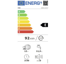 Energielabel für PKM GSP12-6TI-P Geschirrspüler mit Energieeffizienzklasse E, Stromverbrauch 92 kWh pro 100 Spülgänge, 12 Maßgedecke, Wasserverbrauch 11,0 Liter, Geräuschpegel 52 Dezibel und Programmdauer 3 Stunden 50 Minuten.